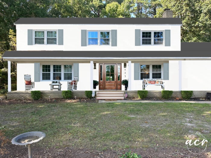 warm white house with blue/gray shutters and wood front door, bright white trim