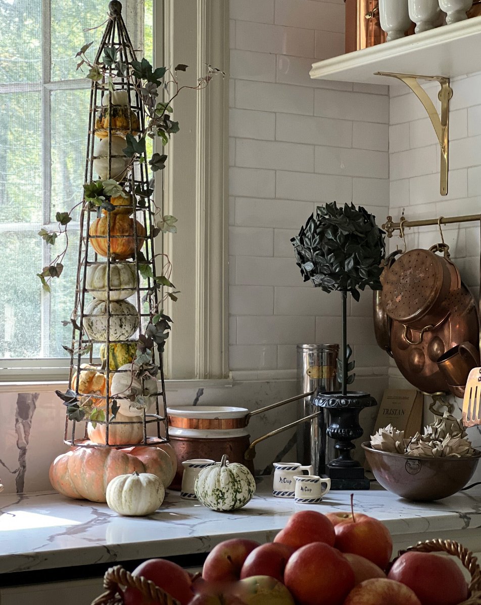 Unique-Fall-pumpkin-topiary on a cozy kitchen counter