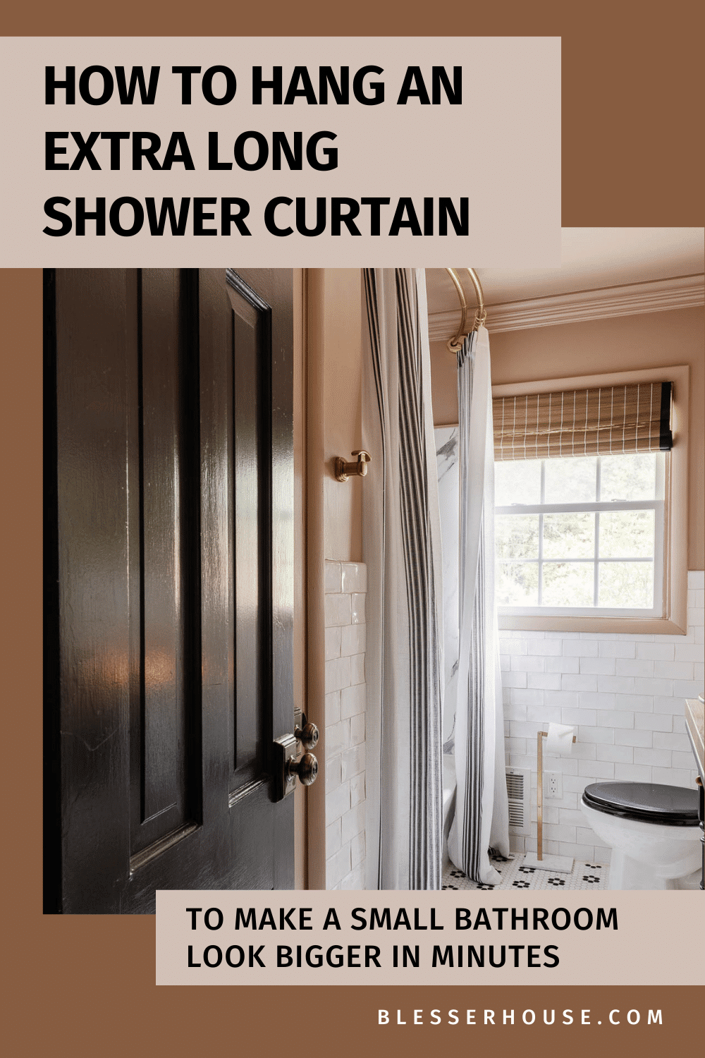 how to hang an extra long shower curtain to make a small bathroom look bigger